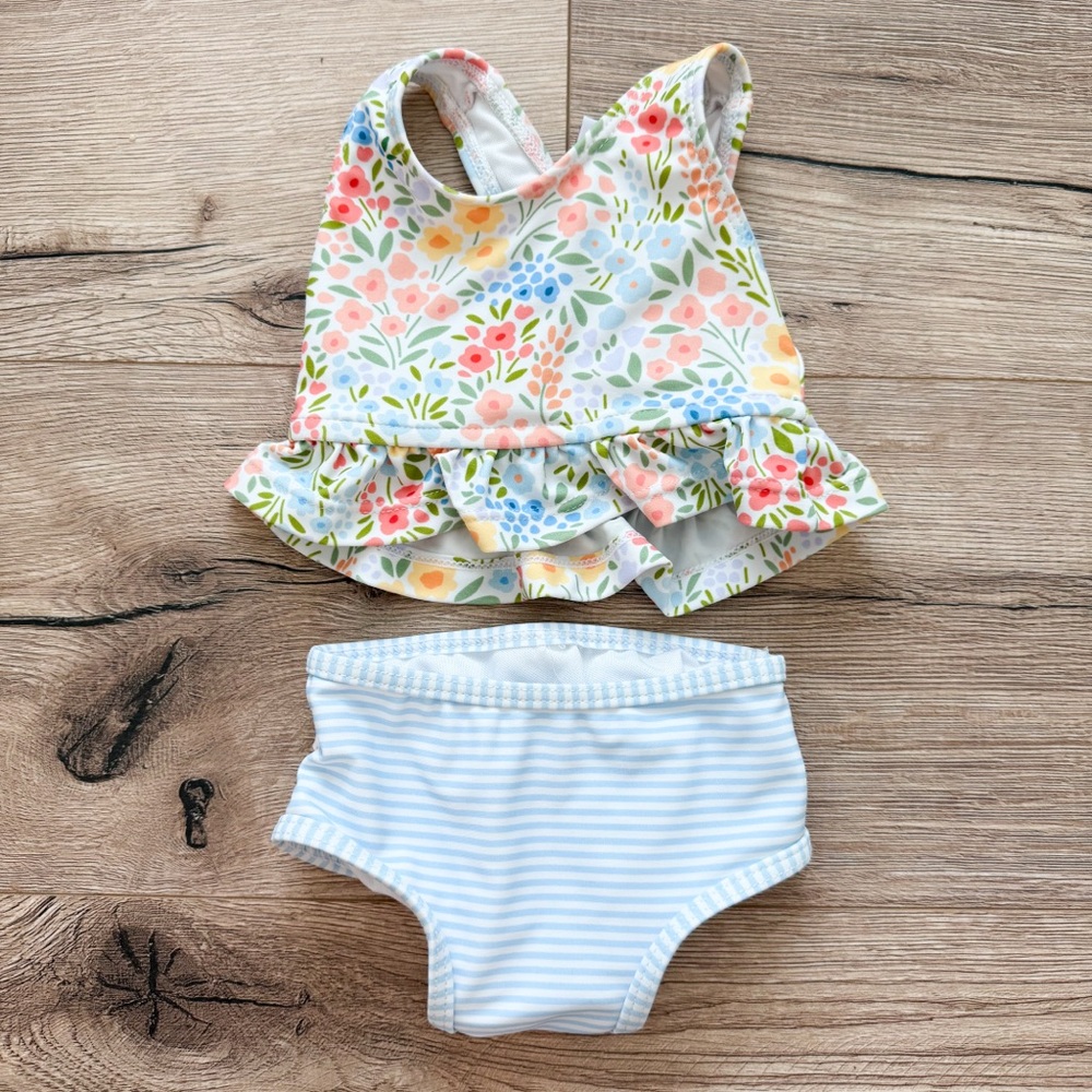 Stitchy Fish two piece floral/stripes bathing suit